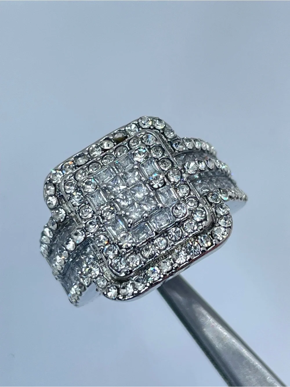 Pave Diamond White CZ Cluster Statement Ring Silver Bold Square Halo Glam